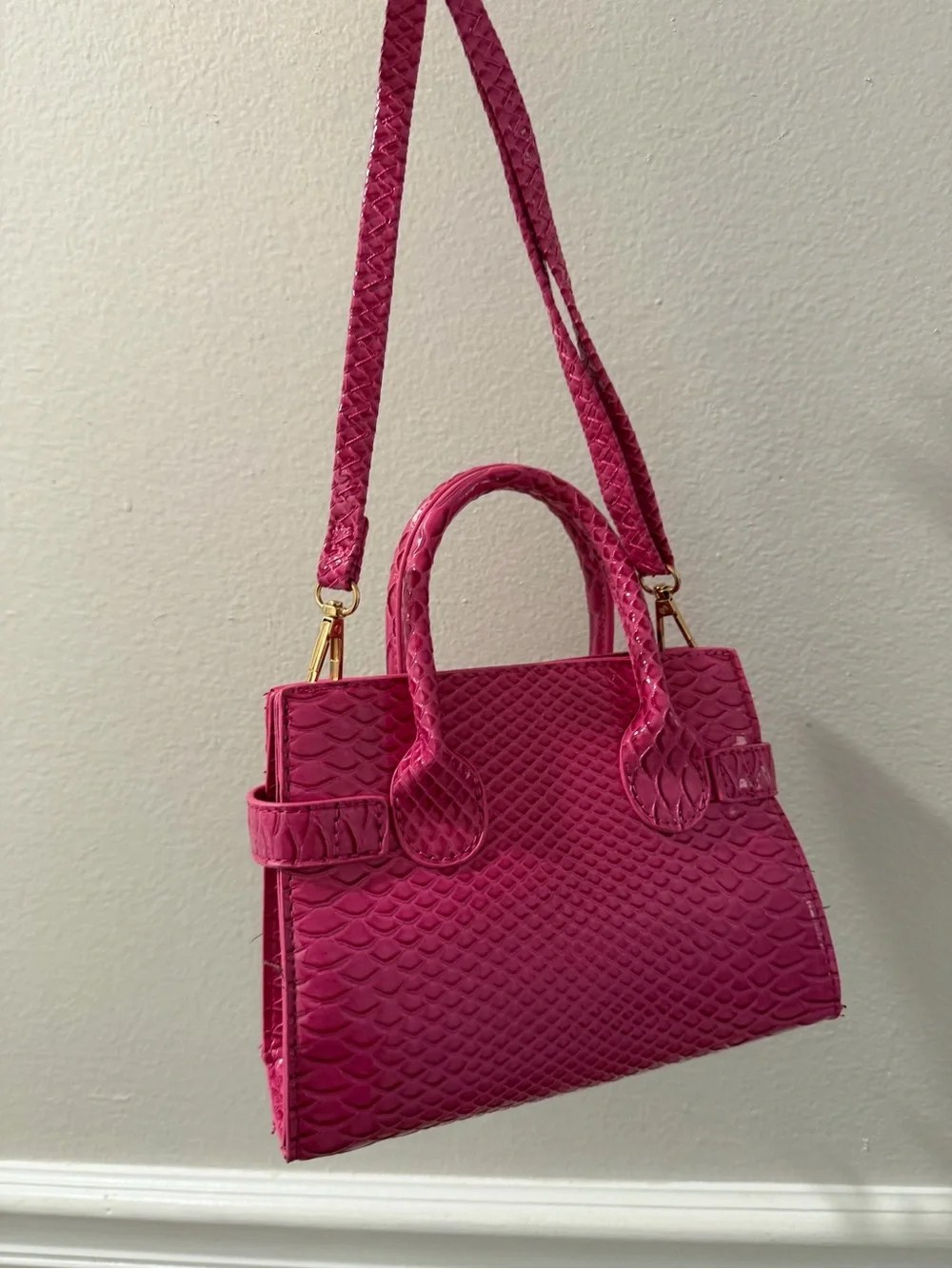 Hot Pink Faux Python Crossbody Satchel - Women's Bag